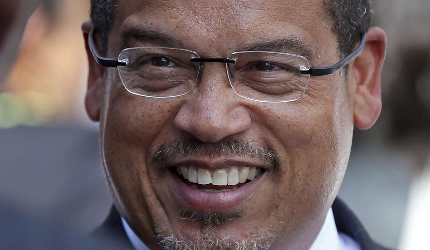 In this Sept. 14, 2018 photo, U.S. Rep. Keith Ellison is shown in Minneapolis. A Minnesota prosecutor says he&#39;ll review allegations of domestic abuse against Ellison only if a formal complaint is first investigated by law enforcement. An ex-girlfriend of Ellison, Karen Monahan, alleges the Democratic congressman dragged her off a bed by her feet in 2016. (AP Photo/Jim Mone)