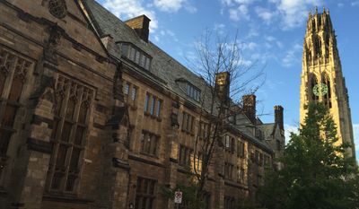 This Sept. 9, 2016, file photo shows Harkness Tower on the campus of Yale University in New Haven, Conn. (AP Photo/Beth J. Harpaz)