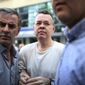 In this July 25, 2018, file photo, Andrew Craig Brunson, an evangelical pastor from Black Mountain, North Carolina, arrives at his house in Izmir, Turkey. The lawyer for Brunson at the center of a spat between NATO allies Turkey and the United States petitioned Turkey&#39;s highest court on Wednesday Oct. 3, 2018, seeking his release from house arrest. (AP Photo/Emre Tazegul, File)
