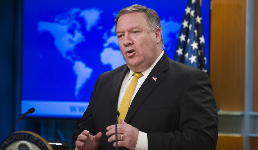 Secretary of State Mike Pompeo briefs reporters at the State Department in Washington, Wednesday, Oct. 3, 2018.  Pompeo has announced that the U.S. is canceling a 1955 treaty with Iran establishing economic relations and consular rights between the two nations. (AP Photo/Cliff Owen)