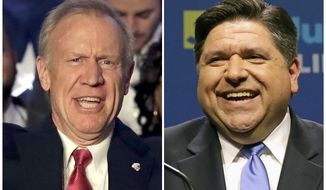 This combination of March 20, 2018, file photos shows Illinois Republican Gov. Bruce Rauner, left, and J.B. Pritzker, his Democratic challenger in the November election. Rauner and Pritzker will face off in their first two-way debate of the Illinois governor&#39;s race Wednesday, Oct. 3, 2018 (AP Photo/File)