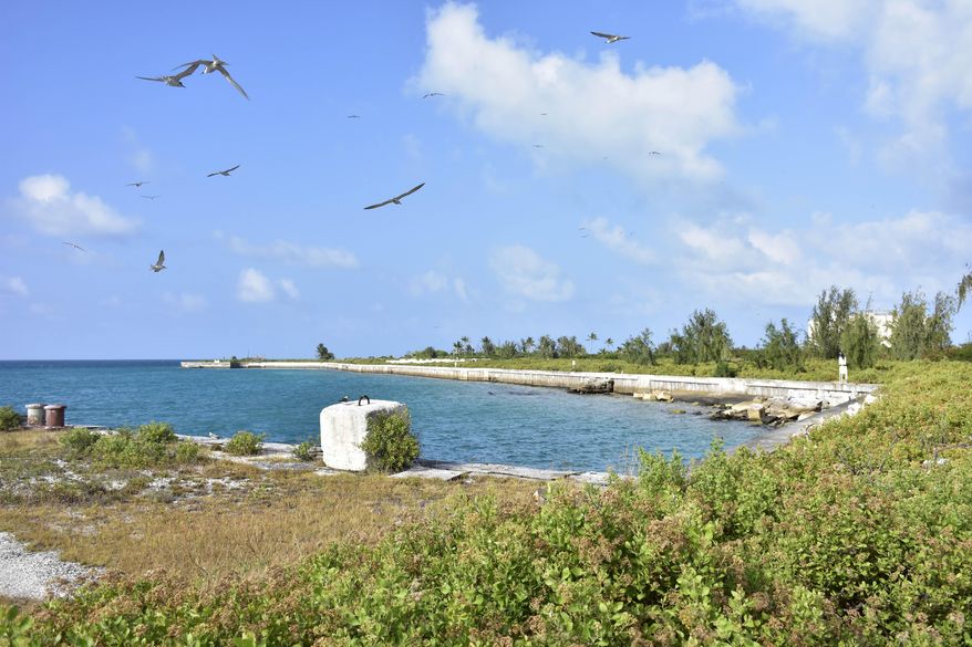This June 2018 photo provided by the U.S. Fish and Wildlife Service shows birds at Johnston Atoll within the Pacific Remote Islands Marine National Monument. Officials have evacuated scientists from remote Pacific islands near Hawaii as Hurricane Walaka approached, including seven researchers from French Frigate Shoals and four workers from Johnston Atoll. (Aaron Ochoa/U.S. Fish and Wildlife Service via AP)