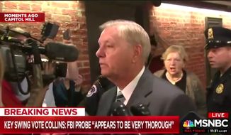 South Carolina Sen. Lindsey Graham suggested to a protester on Oct. 4, 2018, that her concerns about Judge Brett Kavanaugh might be alleviated if he were treated like someone during the Salem witch trials. (Image: MSNBC screenshot)