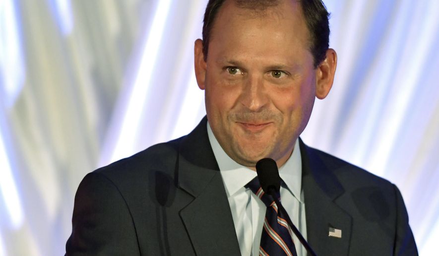 FILE - In this Aug. 25, 2018, file photo, Rep. Andy Barr, R-Ky., speaks at the Republican Party's Lincoln Dinner in Lexington, Ky. Republicans and Democrats in Congress have approved bipartisan legislation aimed at curbing the country’s devastating opioid addiction. But the bill, which President Donald Trump said he will sign into law, has political implications. “We’ve been working on this a lot longer than this campaign season,” Barr said. “It’s an example of us getting results.” (AP Photo/Timothy D. Easley, File)