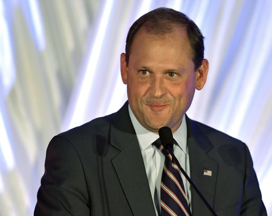 FILE - In this Aug. 25, 2018, file photo, Rep. Andy Barr, R-Ky., speaks at the Republican Party's Lincoln Dinner in Lexington, Ky. Republicans and Democrats in Congress have approved bipartisan legislation aimed at curbing the country’s devastating opioid addiction. But the bill, which President Donald Trump said he will sign into law, has political implications. “We’ve been working on this a lot longer than this campaign season,” Barr said. “It’s an example of us getting results.” (AP Photo/Timothy D. Easley, File)
