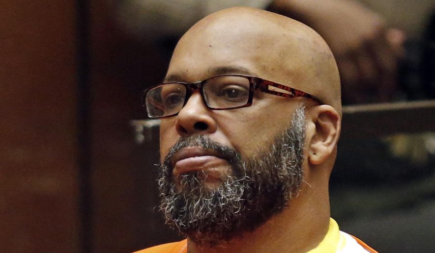 In this July 7, 2015, file photo, Marion Hugh "Suge" Knight sits for a hearing in his murder case in Superior Court in Los Angeles. Former rap mogul Knight is expected to be sentenced to nearly three decades in prison in a Los Angeles court. The hearing Thursday, Oct. 4, 2018, for the 53-year-old Death Row Records co-founder comes almost four years after Knight killed one man and injured another with his truck outside a Compton burger stand. (Patrick T. Fallon/Pool Photo via AP, File)