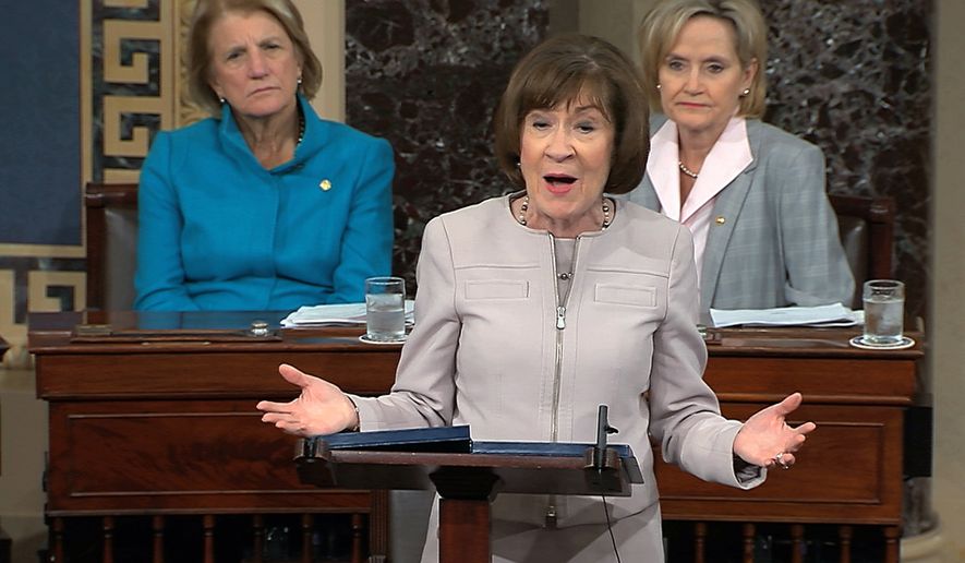 In this image from video provided by Senate TV, Sen. Susan Collins, R-Maine., speaks on the Senate floor about her vote on Supreme Court nominee Judge Brett Kananaugh, Friday, Oct. 5, 2018 in the Capitol in Washington.  (Senate TV via AP)