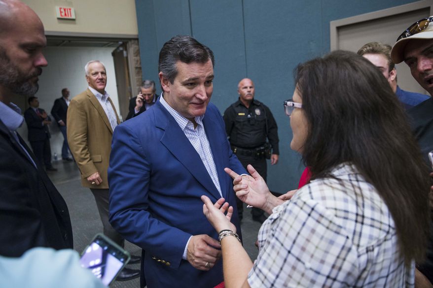 In this Wednesday, Oct. 3, 2018, photo, Annette Bever, 49, speaks with U.S. Sen. Ted Cruz, R-Texas, during his campaign stop with Donald Trump Jr. in Wichita Falls, Texas. (Amanda Voisard /Austin American-Statesman via AP) ** FILE **