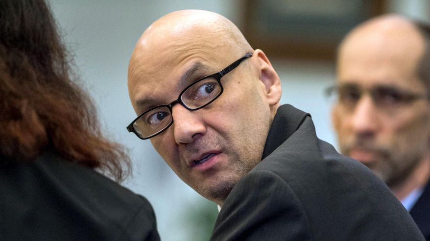 FILE - In this March 21, 2018 file photo, Andrew Urdiales looks into the courtroom gallery during opening statements in his trial in Santa Ana, Calif. He was later convicted of the murders of five Southern California women between 1986 and 1995. An Orange County Superior Court judge sentenced the 54-year-old former Marine to death Friday, Oct. 5, 2018. He was previously sentenced to death for killing three women in Illinois in 2002, but that sentence was commuted to life without parole after that state barred the death penalty. (Mindy Schauer/The Orange County Register via AP, File)