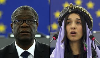The combo of file photos shows Doctor Denis Mukwege, from the Democratic Republic of Congo, left, on Nov. 26, 2014, and Yazidi woman from Iraq, Nadia Murad on Dec. 13, 2016, as they both address the European parliament in Strasbourg, France. The Nobel Peace Prize on Friday, Oct. 5, 2018, was awarded to the Congolese doctor and a Yazidi former captive of the Islamic State group for their work to highlight and eliminate the use of sexual violence as a weapon of war. (AP Photos/Christian Lutz, file)