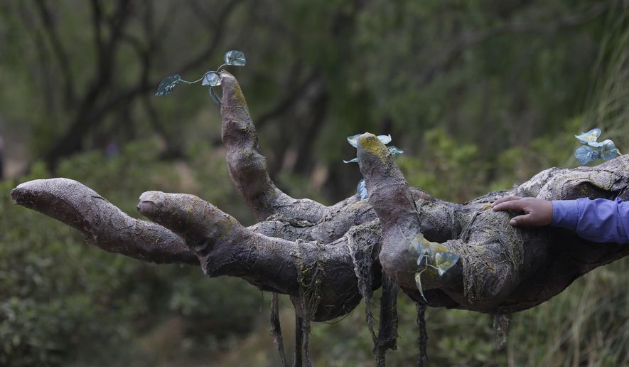 In this Aug. 4, 2018 photo, a boy touches the hand of a sculpture of an Ent, based on the walking, talking trees from J. R. R. Tolkien's fantasy world, at the Huasao wetland in Cuzco, Peru. The wetland in the heart of the bygone Incan Empire languished for years as a wasteland that locals used as their dump. Cleaned up and given a second life, it's now attracting droves of tourists lured by magical figures plucked straight from Hollywood movies. (AP Photo/Martin Mejia)