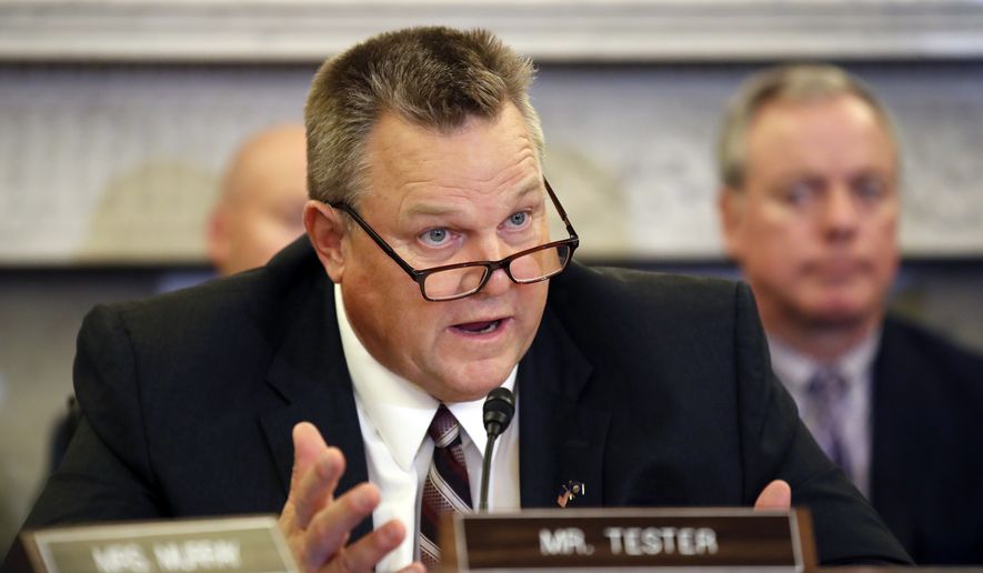 In this Wednesday, Sept. 26, 2018, file photo, Ranking Member Sen. Jon Tester, D-Mont., speaks during a hearing of the Senate Committee on Veterans&#39; Affairs, on Capitol Hill, in Washington, D.C. (AP Photo/Alex Brandon, File)
