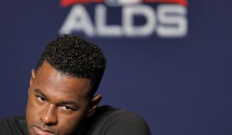New York Yankees starting pitcher Luis Severino answers questions during a news conference, Sunday, Oct. 7, 2018, in New York. The Yankees will play against the Boston Red Sox in Game 3 of the AL Division Series on Monday. (AP Photo/Julie Jacobson)