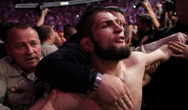 Khabib Nurmagomedov could face a suspension for his actions in a post-bout melee following his victory over Conor McGregor on Saturday at UFC 229. (ASSOCIATED PRESS)