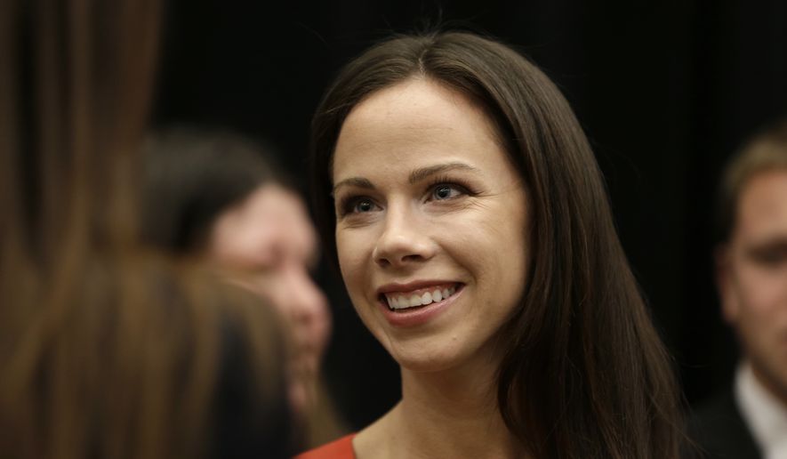 In this Oct. 29, 2014, file photo, former first daughter Barbara Bush talks in Omaha, Neb., before an appearance as feature speaker at the Girls Inc. fundraiser luncheon. Bush married screenwriter Craig Coyne. Her father, former President George W. Bush, escorted his daughter down the aisle while her grandfather, former President George H.W. Bush, watched the ceremony at the family’s Walker Point compound in Kennebunkport, Maine, Sunday, Oct. 7, 2018. (AP Photo/Nati Harnik, File)