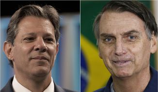 This photo combo of Workers&#39; Party Presidential candidate Fernando Haddad shot on Oct. 4, left, and an Oct. 7, 2018 photo of Jair Bolsonaro, of the Social Liberal Party, shows the two candidates that will face off in a second-round vote in Brazil. Official results of Sunday&#39;s Oct. 7 election showed that Haddad will face Bolsonaro, the far-right congressman, in a second-round vote. (AP Photo/Silvia Izquierdo)
