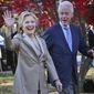 In this Nov. 8, 2016, file photo, Democratic presidential candidate Hillary Clinton, and her husband former President Bill Clinton, greet supporters after voting in Chappaqua, N.Y. The Clintons announced Monday, Oct. 8, 2018, they will visit four cities in 2018 and nine in 2019 across North America in a series of conversations dubbed “An Evening with President Bill Clinton and former Secretary of State Hillary Rodham Clinton.&amp;quot; (AP Photo/Seth Wenig, File)
