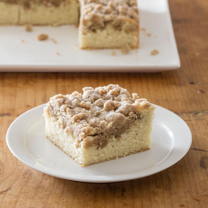 This undated photo provided by America's Test Kitchen in September 2018 shows New York-style crumb cake in Brookline, Mass. This recipe appears in the cookbook “Complete Make-Ahead.” (Daniel J. van Ackere/America's Test Kitchen via AP)