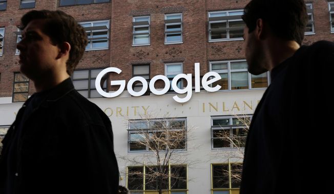 In this Dec. 4, 2017, file photo, people walk by Google offices in New York. Google is closing the consumer version of its long-spurned Plus social network after discovering a bug earlier this year that leaked some of the personal information about up to 500,000 people who still have accounts on the dying service. (AP Photo/Mark Lennihan) ** FILE **