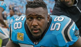 In this Nov. 5, 2017, file photo, Carolina Panthers&#39; Thomas Davis gets ready for the team&#39;s NFL football game against the Atlanta Falcons in Charlotte, N.C.  (AP Photo/Bob Leverone, File)  **FILE**