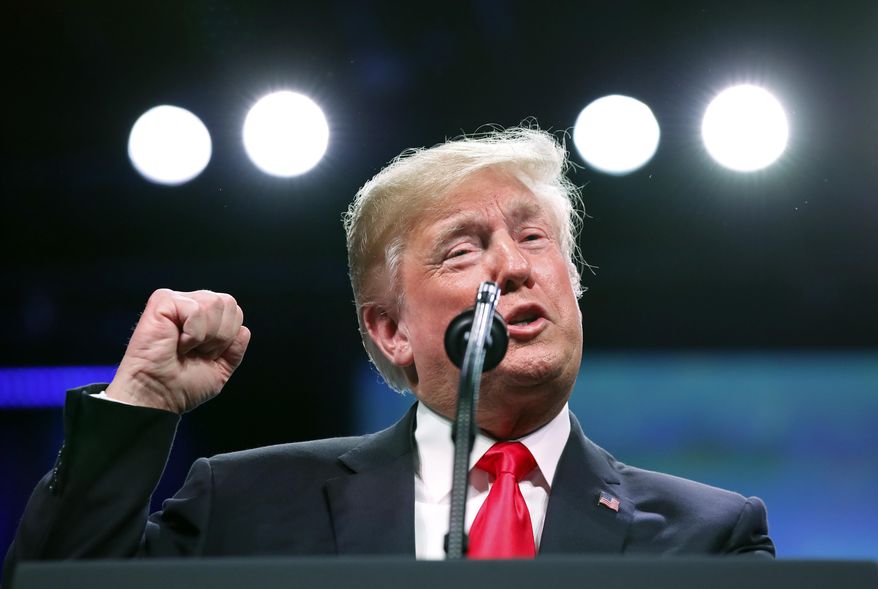 President Donald Trump speaks at the International Association of Chiefs of Police annual conference, Monday, Oct. 8, 2018, in Orlando, Fla. (AP Photo/Alex Brandon)