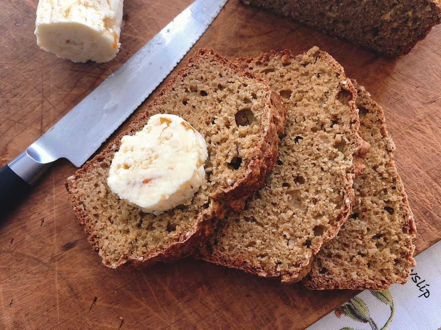 This Oct. 3, 2108 photo shows wheaten bread with sweet scotch whiskey butter in Amagansett, NY. This dish is from a recipe by Elizabeth Karmel. (Elizabeth Karmel via AP)