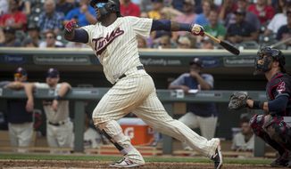 FILE - In this Aug. 1, 2018, file photo, Minnesota Twins&#39; Miguel Sano bats against the Cleveland Indians in the seventh inning of a baseball game, in Minneapolis. The Twins see this as a crossroad offseason for third baseman Miguel Sano, with a plan for regular check-ins throughout the winter to ensure his conditioning is on track and his lower-body injuries are healing.  (AP Photo/Bruce Kluckhohn)