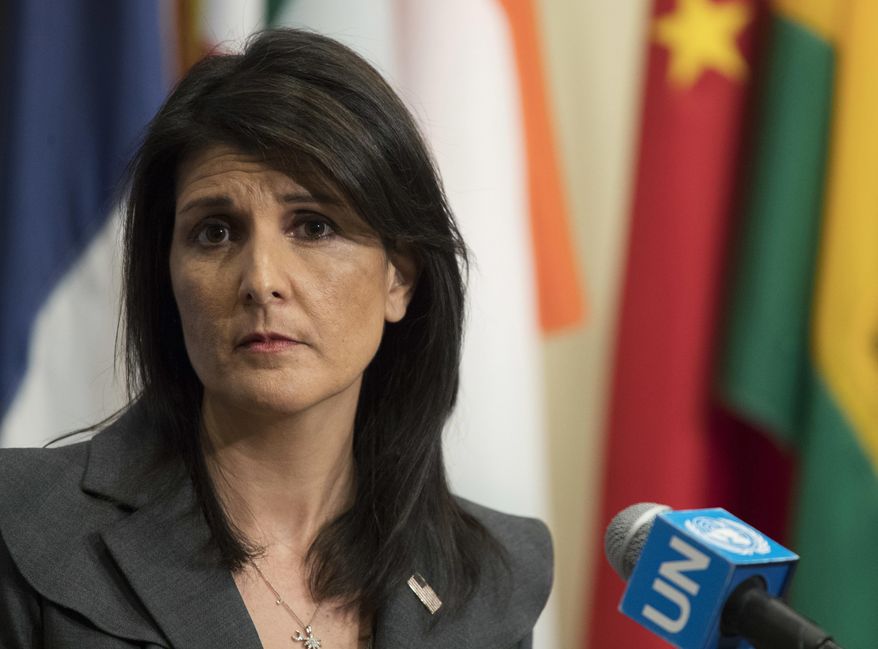 In this Jan. 2, 2018, file photo, U.S. Ambassador to the United Nations Nikki Haley speaks to reporters at United Nations headquarters. (AP Photo/Mary Altaffer)