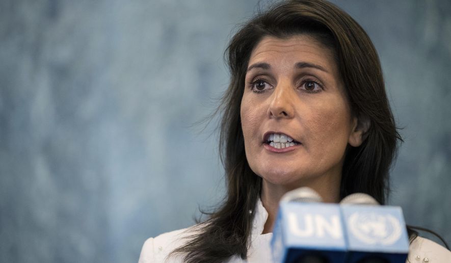 In this July 20, 2018, file photo, U.S. Ambassador to the United Nations Nikki Haley speaks to reporters at United Nations headquarters. (AP Photo/Mary Altaffer, File)