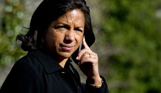 Then-National Security Adviser Susan Rice walks to Marine One on the South Lawn at the White House in Washington, Saturday, Nov. 14, 2015, for a short trip to Andrews Air Force Base with President Barack Obama to travel to Antalya, Turkey, to participate in the G-20 Leaders Summit starting Sunday. (AP Photo/Manuel Balce Ceneta) ** FILE **