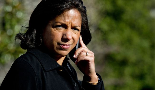 Then-National Security Adviser Susan Rice walks to Marine One on the South Lawn at the White House in Washington, Saturday, Nov. 14, 2015, for a short trip to Andrews Air Force Base with President Barack Obama to travel to Antalya, Turkey, to participate in the G-20 Leaders Summit starting Sunday. (AP Photo/Manuel Balce Ceneta) ** FILE **