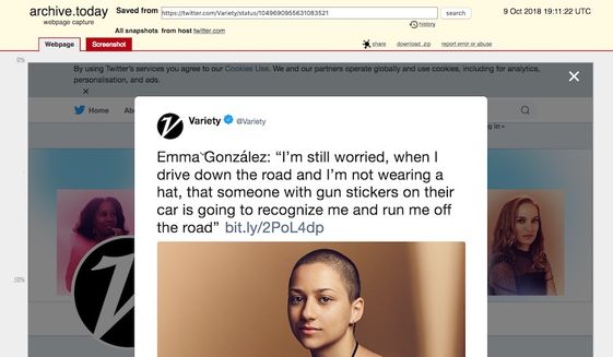 Parkland shooting survivor Emma Gonzalez told &quot;Variety&quot; for an interview published Oct. 9, 2018, that she was scared of gun enthusiasts running her off the road. (Image: Twitter, Variety. Image archived Oct. 9, 2018)
