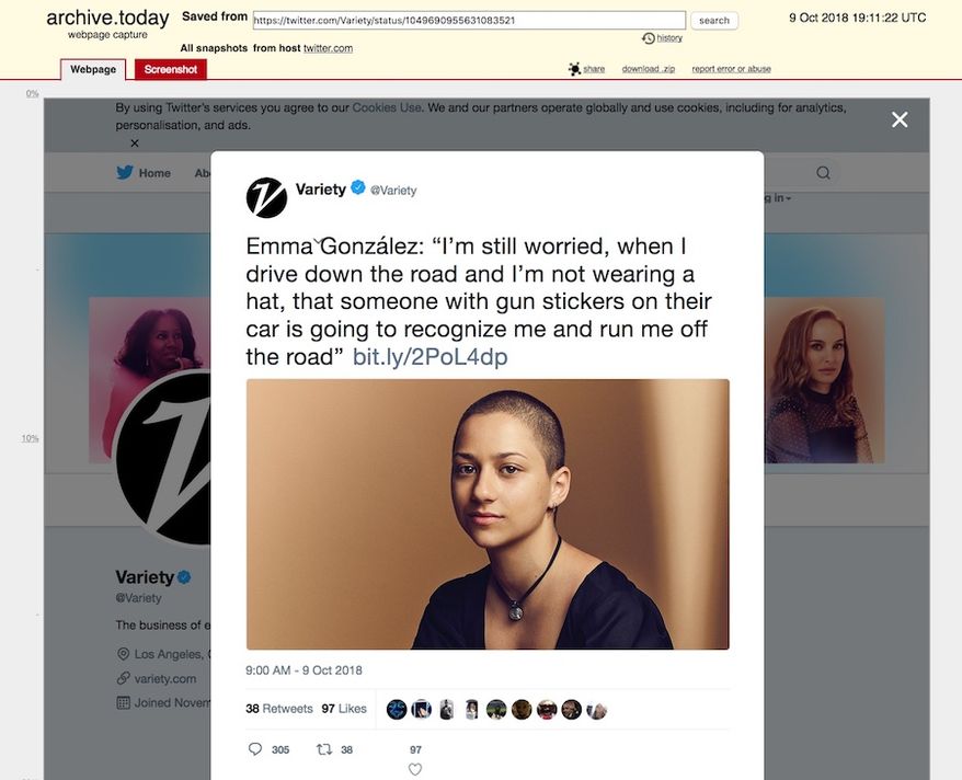 Parkland shooting survivor Emma Gonzalez told "Variety" for an interview published Oct. 9, 2018, that she was scared of gun enthusiasts running her off the road. (Image: Twitter, Variety. Image archived Oct. 9, 2018)