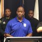Tallahassee Mayor and Democratic gubernatorial candidate Andrew Gillum, speaks during a briefing on Hurricane Michael in Tallahassee, Fla., Wednesday Oct. 10, 2018. In the days before Hurricane Michael made landfall, Gillum blanketed the national airwaves, sounding much like the man he wants to replace, Gov. Rick Scott, who constantly urged residents to seek shelter and take the massive storm seriously. (AP Photo/Gary Fineout)
