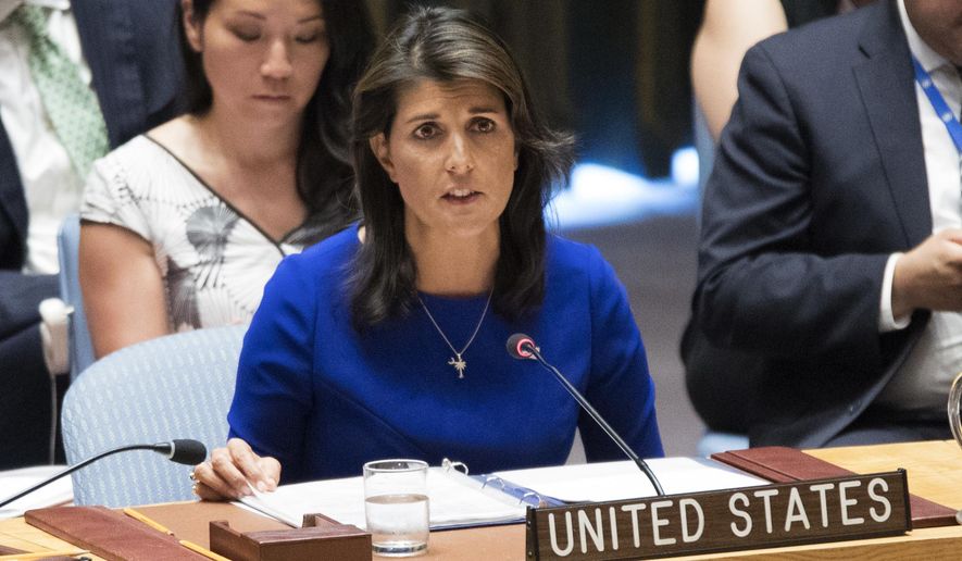 In this Aug. 28, 2018, file photo, American Ambassador to the United Nations Nikki Haley speaks during a Security Council meeting on the situation in the Myanmar at United Nations headquarters. (AP Photo/Mary Altaffer, File)