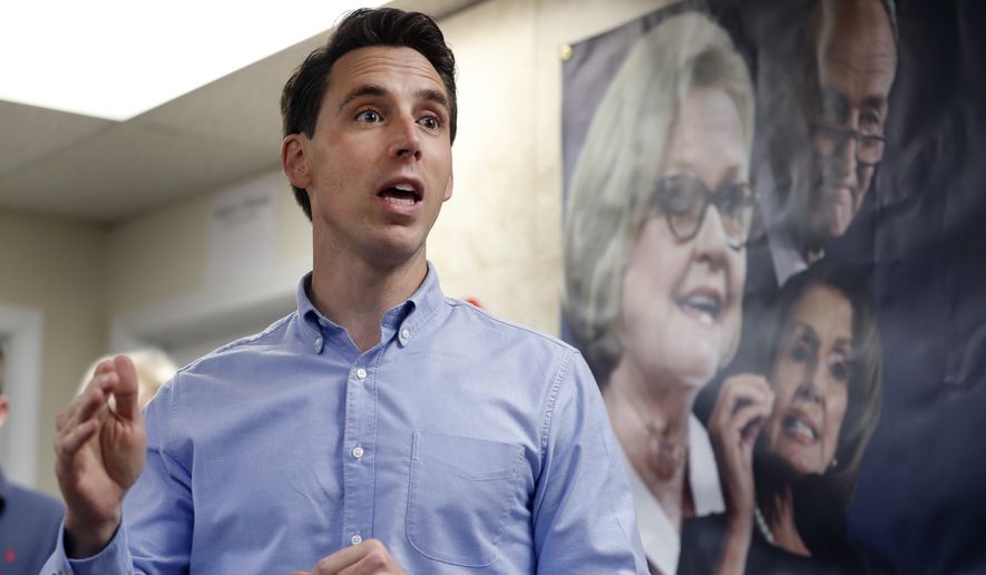 Missouri Attorney General and Republican U.S. Senate candidate Josh Hawley speaks to supporters during a campaign stop Thursday, Sept. 27, 2018, in St. Charles, Mo. Hawley is seeking to unseat Democratic incumbent Sen. Claire McCaskill. (AP Photo/Jeff Roberson)
