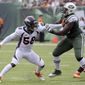 FILE- In this Sunday, Oct. 7, 2018, file photo, New York Jets offensive tackle Kelvin Beachum (68) blocks Denver Broncos linebacker Von Miller (58) during the first half of an NFL football game in East Rutherford, N.J. Miller hasn&#39;t had a sack for three weeks and the Broncos  have lost all three games. (AP Photo/Bill Kostroun, File)