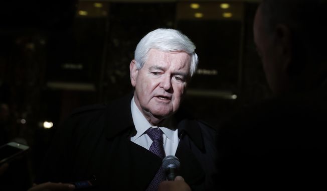 Former House Speaker Newt Gingrich speaks to the media at Trump Tower, Monday, Nov. 21, 2016 in New York, after meeting with President-elect Donald Trump. (AP Photo/Carolyn Kaster)