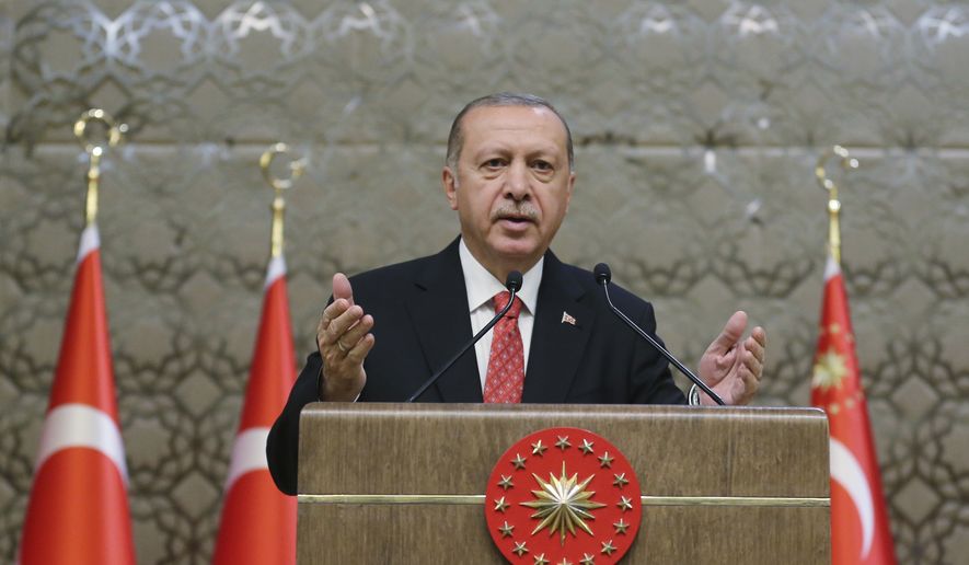 Turkey&#x27;s President Recep Tayyip Erdogan addresses provincial muftis at the presidential palace in Ankara, Turkey, Monday, Oct. 15, 2018. (Presidential Press Service via AP, Pool)