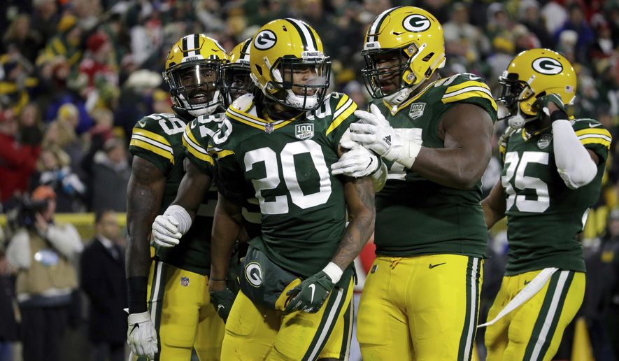 Green Bay Packers cornerback Kevin King (20) celebrates after intercepting a pass intended for San Francisco 49ers wide receiver Marquise Goodwin during the second half of an NFL football game Monday, Oct. 15, 2018, in Green Bay, Wis. The Packers won 33-30. (AP Photo/Mike Roemer)