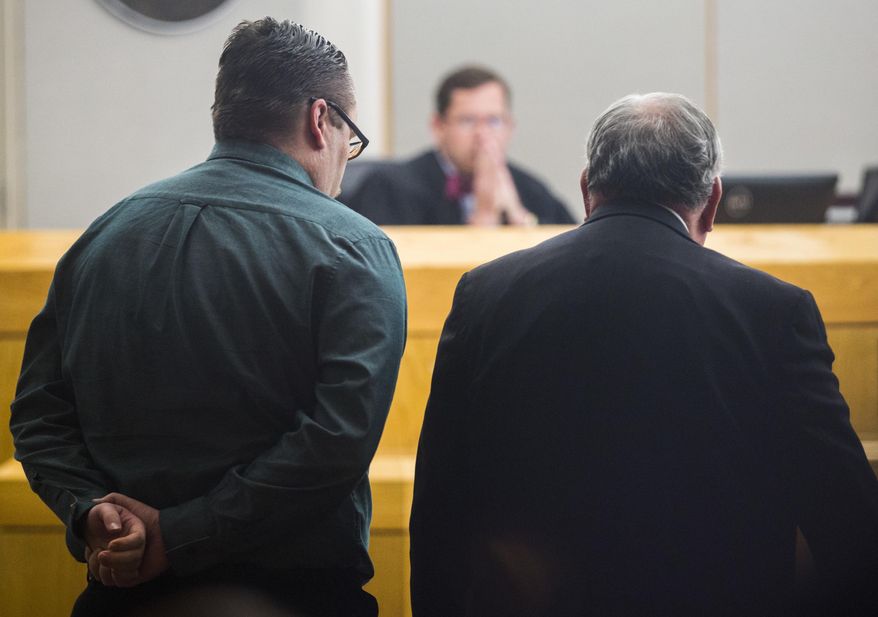 In this Monday, Oct. 15, 2018 photo, Charles Phifer, left, is found guilty of capital murder at the Frank Crowley Courts Building in Dallas. The charge is for the March 2016 beating death of 4-year-old Leiliana Wright. The verdict came with an automatic sentence of life in prison without parole. (Ashley Landis/The Dallas Morning News via AP)