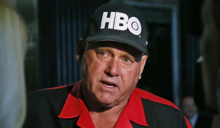 In this June 13, 2016, file photo, Dennis Hof, owner of the Moonlite BunnyRanch, a legal brothel near Carson City, Nev., is pictured during an interview during a break in the trial of Denny Edward Phillips and Russell Lee Hogshooter in Oklahoma City. Nevada authorities said Tuesday, Oct. 16, 2018, that Hof, a legal pimp who has fashioned himself as a Donald Trump-style Republican candidate has died. (AP Photo/Sue Ogrocki, File)