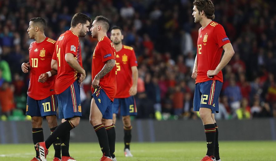 Spain&#x27;s players react after the UEFA Nations League soccer match between Spain and England at Benito Villamarin stadium, in Seville, Spain, Monday, Oct. 15, 2018. England won 3-2. (AP Photo/Miguel Morenatti)