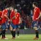 Spain&#x27;s players react after the UEFA Nations League soccer match between Spain and England at Benito Villamarin stadium, in Seville, Spain, Monday, Oct. 15, 2018. England won 3-2. (AP Photo/Miguel Morenatti)