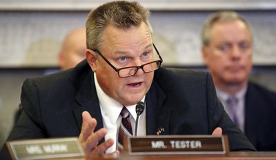 In this Wednesday, Sept. 26, 2018, file photo, Ranking Member Sen. Jon Tester, D-Mont., speaks during a hearing of the Senate Committee on Veterans&#x27; Affairs, on Capitol Hill, in Washington, D.C. (Photo/Alex Brandon, File)
