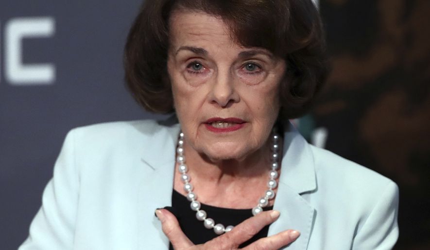 California Sen. Dianne Feinstein, D-Calif., gestures while speaking to California Sen. Kevin de Leon, D-Los Angeles, during a debate on Wednesday, Oct. 17, 2018, in San Francisco. Feinstein shared the stage with an opponent for the first time since 2000 when she debated state Sen. Kevin de Leon.The two Democrats are facing off in the Nov. 6 election. (AP Photo/Ben Margot)