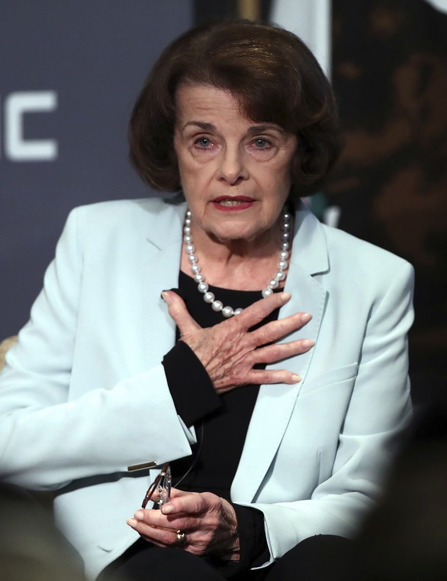 California Sen. Dianne Feinstein, D-Calif., gestures while speaking to California Sen. Kevin de Leon, D-Los Angeles, during a debate on Wednesday, Oct. 17, 2018, in San Francisco. Feinstein shared the stage with an opponent for the first time since 2000 when she debated state Sen. Kevin de Leon.The two Democrats are facing off in the Nov. 6 election. (AP Photo/Ben Margot)