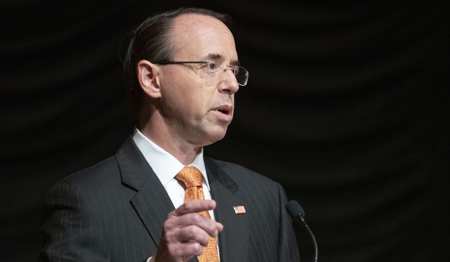 Deputy Attorney General Rod Rosenstein speaks at the federal inspector general community&#x27;s 21st annual awards ceremony, Wednesday, Oct. 17, 2018, in Washington. (AP Photo/Alex Brandon) ** FILE **
