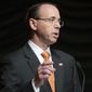 Deputy Attorney General Rod Rosenstein speaks at the federal inspector general community&#39;s 21st annual awards ceremony, Wednesday, Oct. 17, 2018, in Washington. (AP Photo/Alex Brandon) ** FILE **