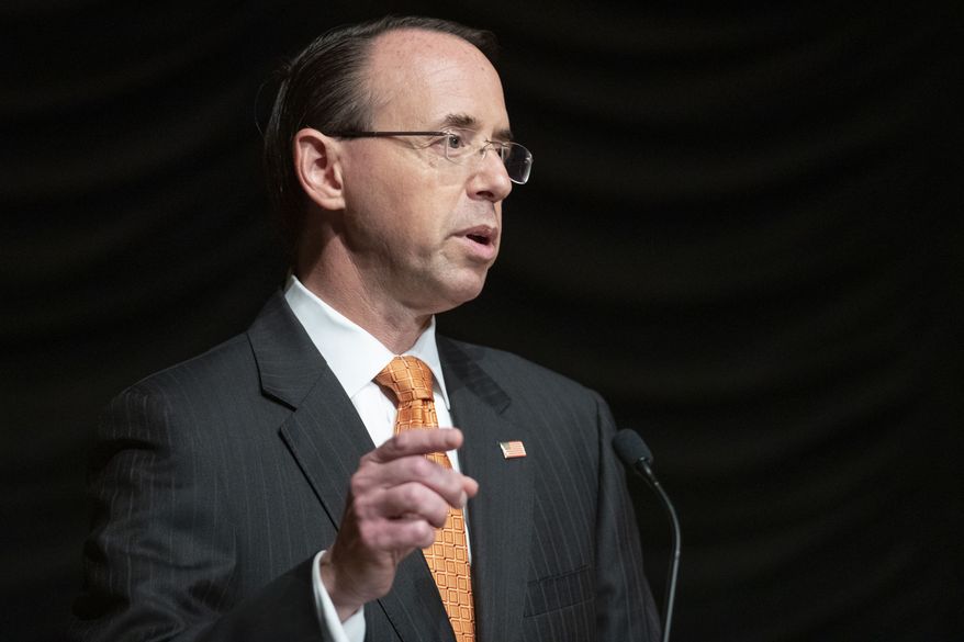 Deputy Attorney General Rod Rosenstein speaks at the federal inspector general community's 21st annual awards ceremony, Wednesday, Oct. 17, 2018, in Washington. (AP Photo/Alex Brandon) ** FILE **